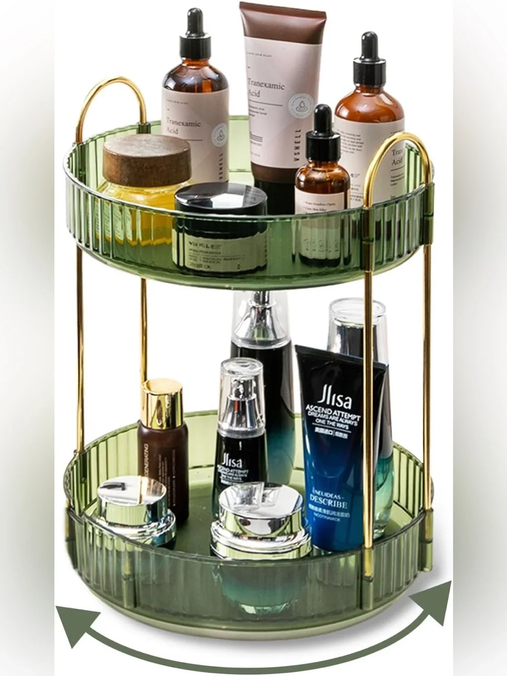 Glass Two-Tier Vanity Organizer Tray with Gold Handles - Green